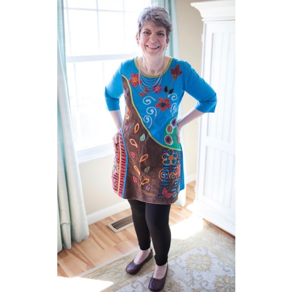 Rising International Tunic Women 3XL Blue Floral Applique Embroidered Cotton Top